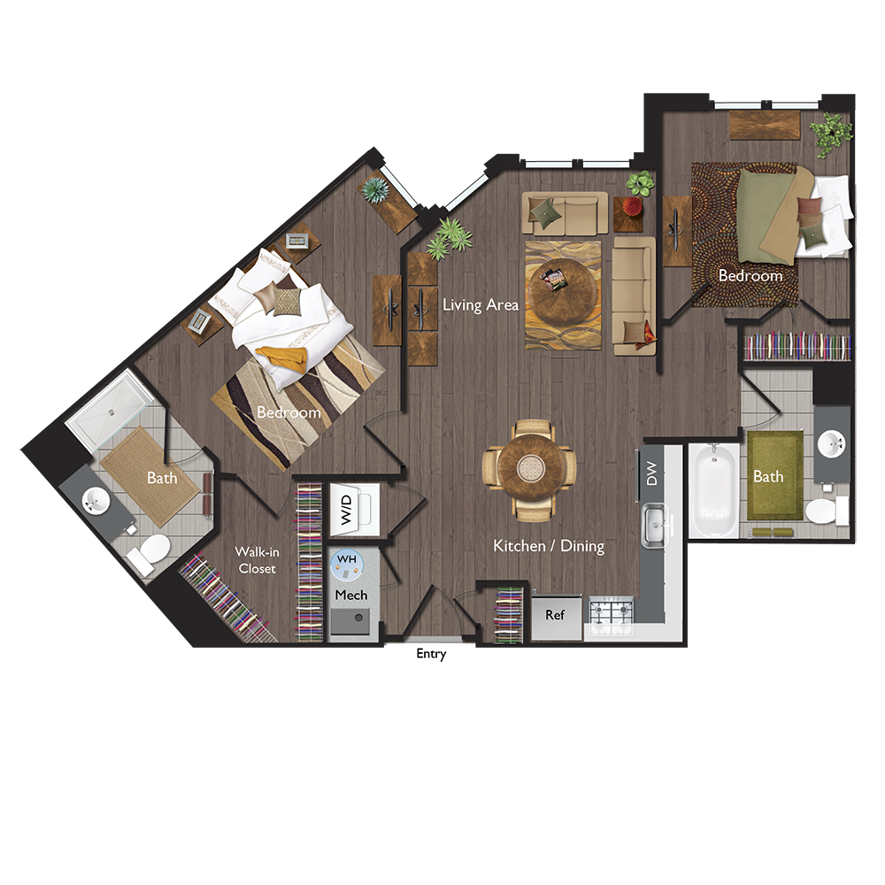 Floor plan for 2 beds, 2 baths, 935 sqft